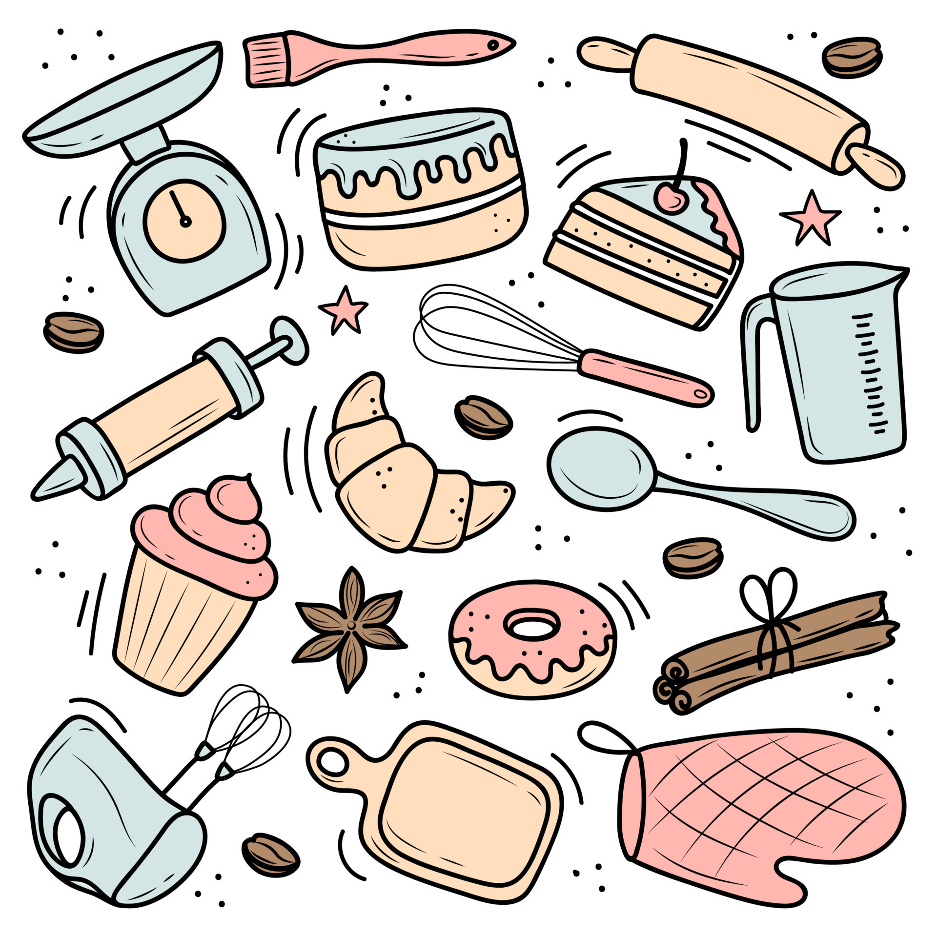 Premium Vector  A set of hand-drawn kitchen tools. cute cooking and baking  elements. hand-drawn vector illustration