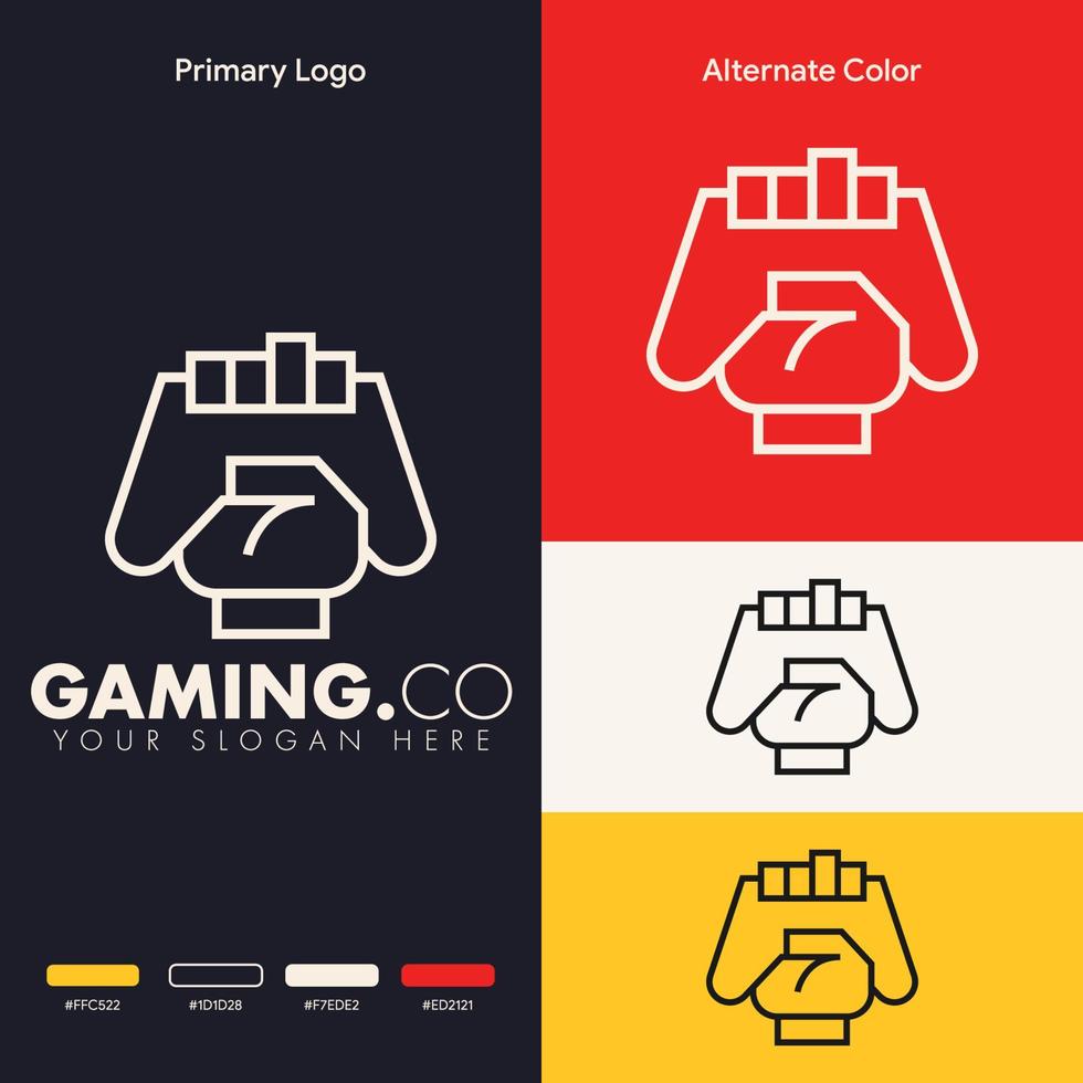 minimalist simple hand holding joystick gaming logo design vector