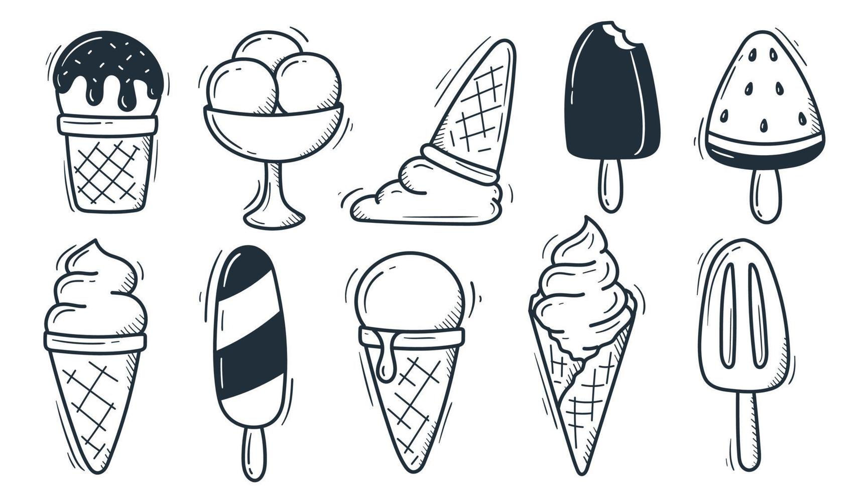 juego de helados. dibujado a mano sobre un fondo blanco. postre en estilo garabato. vector