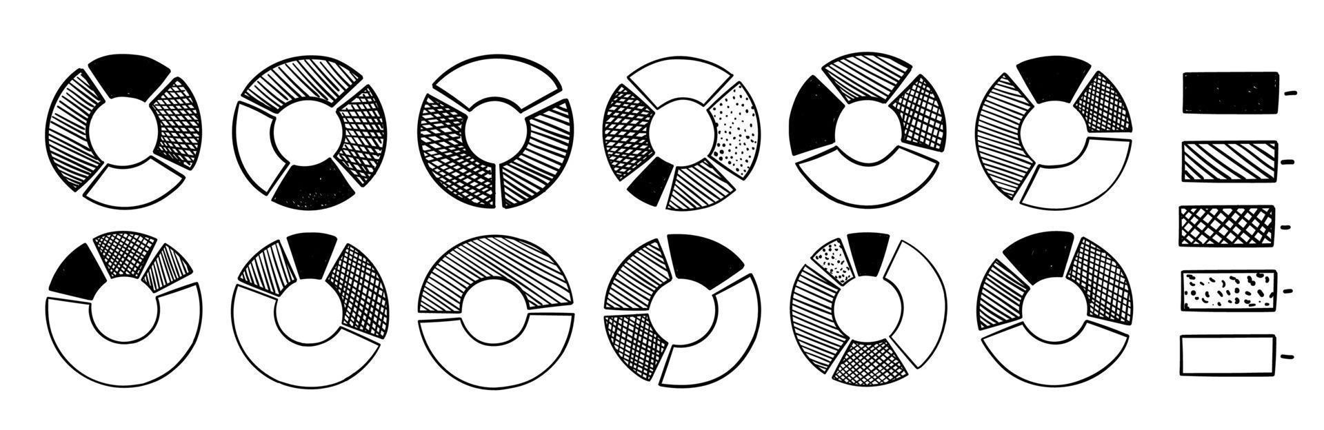 conjunto de círculos segmentados aislado sobre fondo blanco. un número diferente de sectores divide el círculo en partes iguales. vector