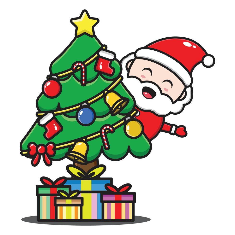 linda ilustración de dibujos animados de santa claus con árbol de navidad y regalos vector