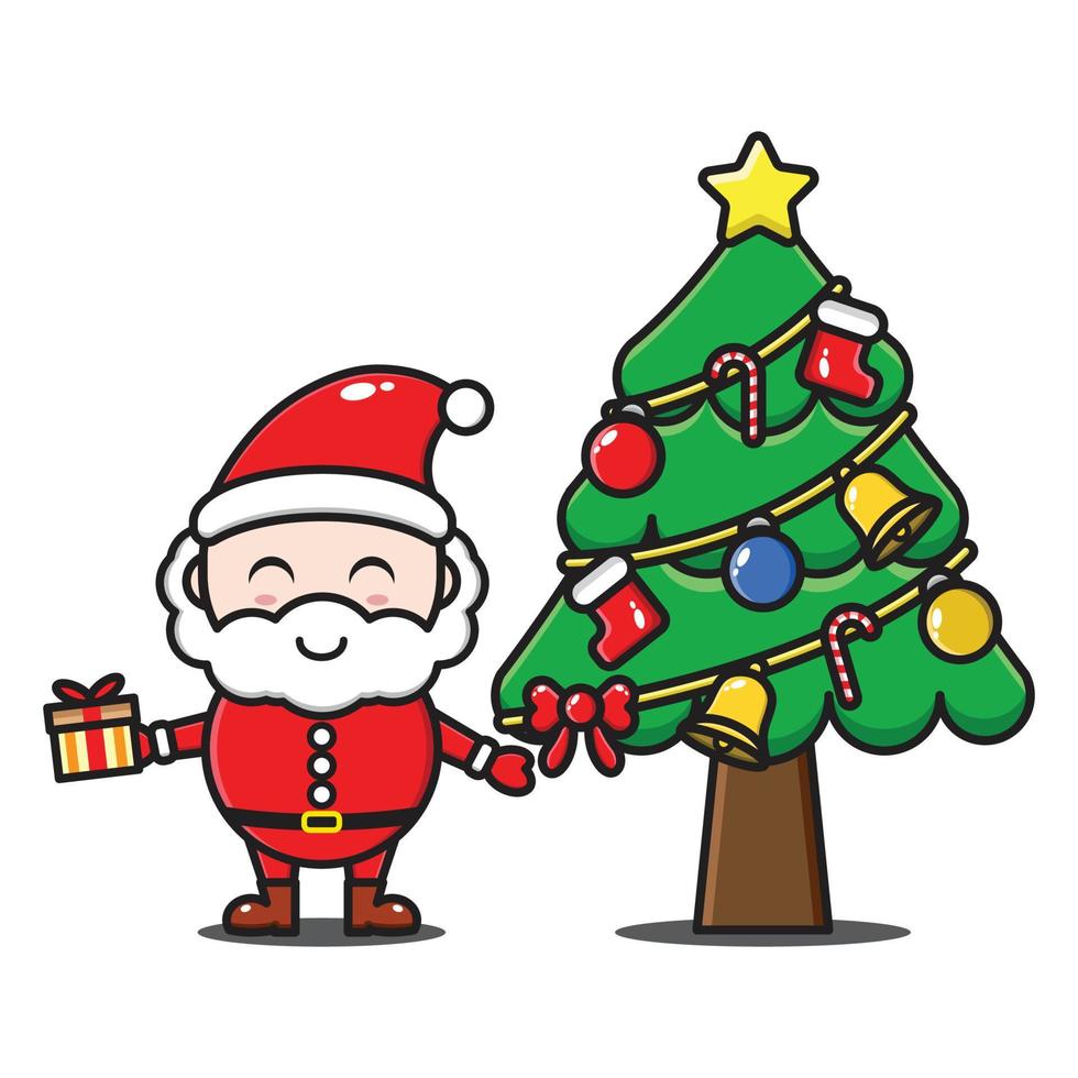 linda ilustración de dibujos animados de santa claus con árbol de navidad vector