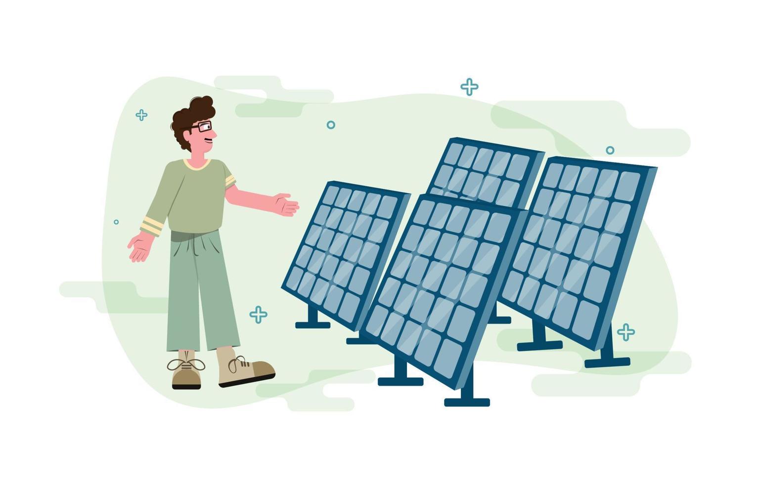 hombre vector y paneles solares. concepto de energía limpia. crecimiento económico sostenible con energías renovables y recursos naturales. ilustración de protección del medio ambiente.