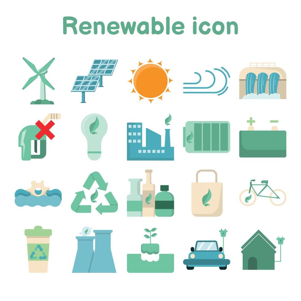 Flat icon of renewable energy. Clean energy including recycling. Home and industry using environmentally friendly alternatives. Vector illustration isolated on white background.