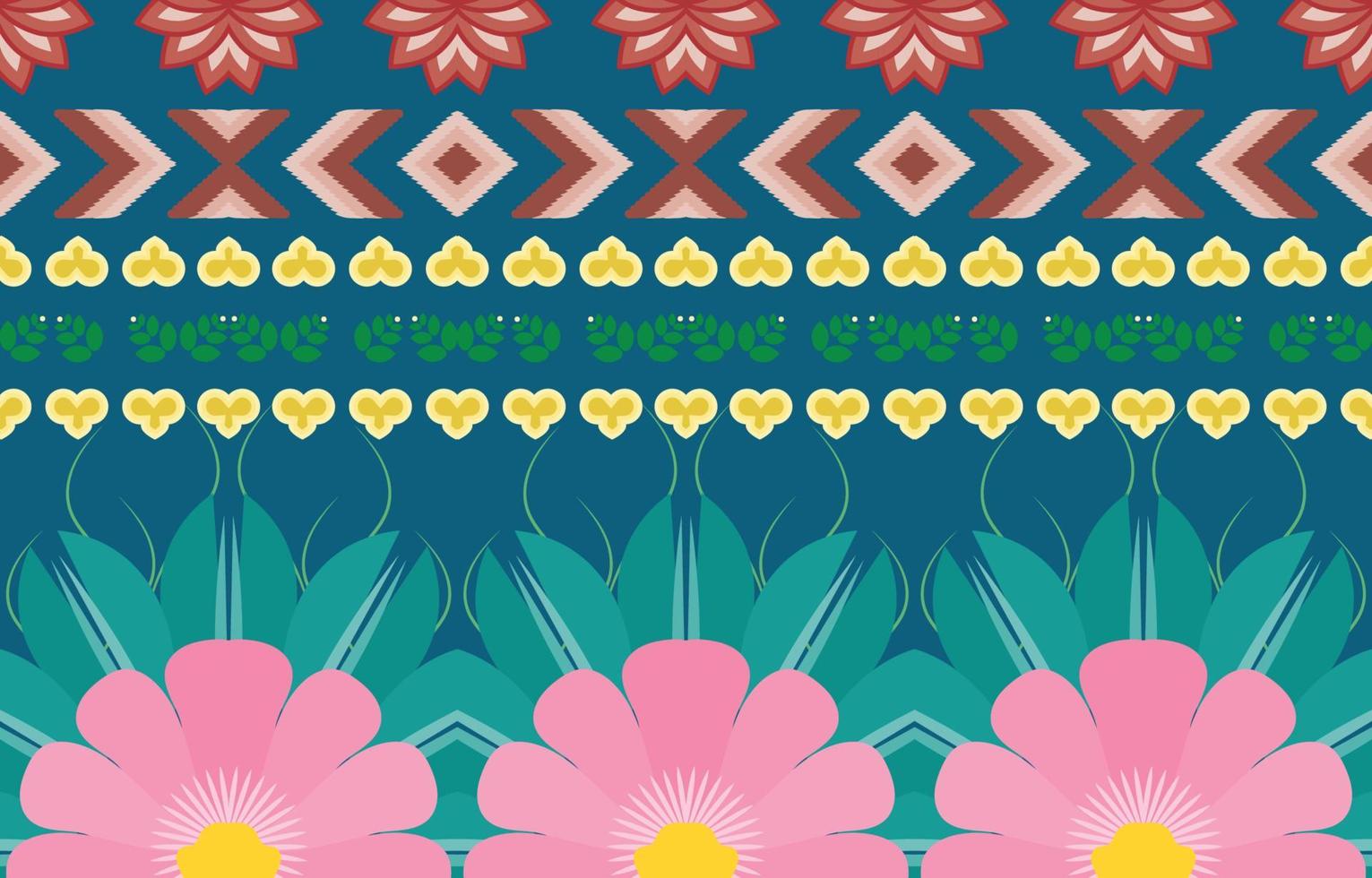 tela colorida de flores, patrón étnico geométrico en el diseño de fondo oriental tradicional para alfombra, papel pintado, ropa, envoltura, batik, estilo de bordado de ilustración vectorial. vector