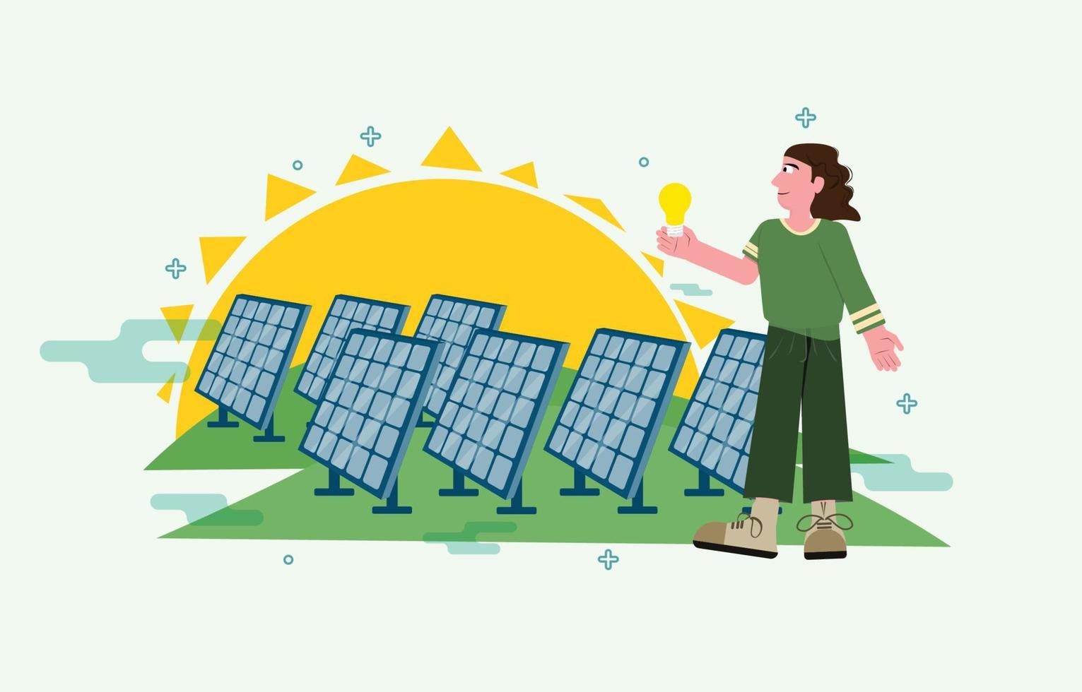 Vector man and solar panels. Clean energy concept. Sustainable economic growth with renewable energy and natural resources. Environmental protection illustration.