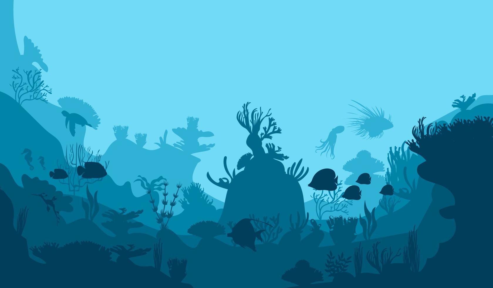 underwater world. Coral reefs. Tropical sea with water mimicry and its inhabitants. Silhouette of fish. Vector. vector