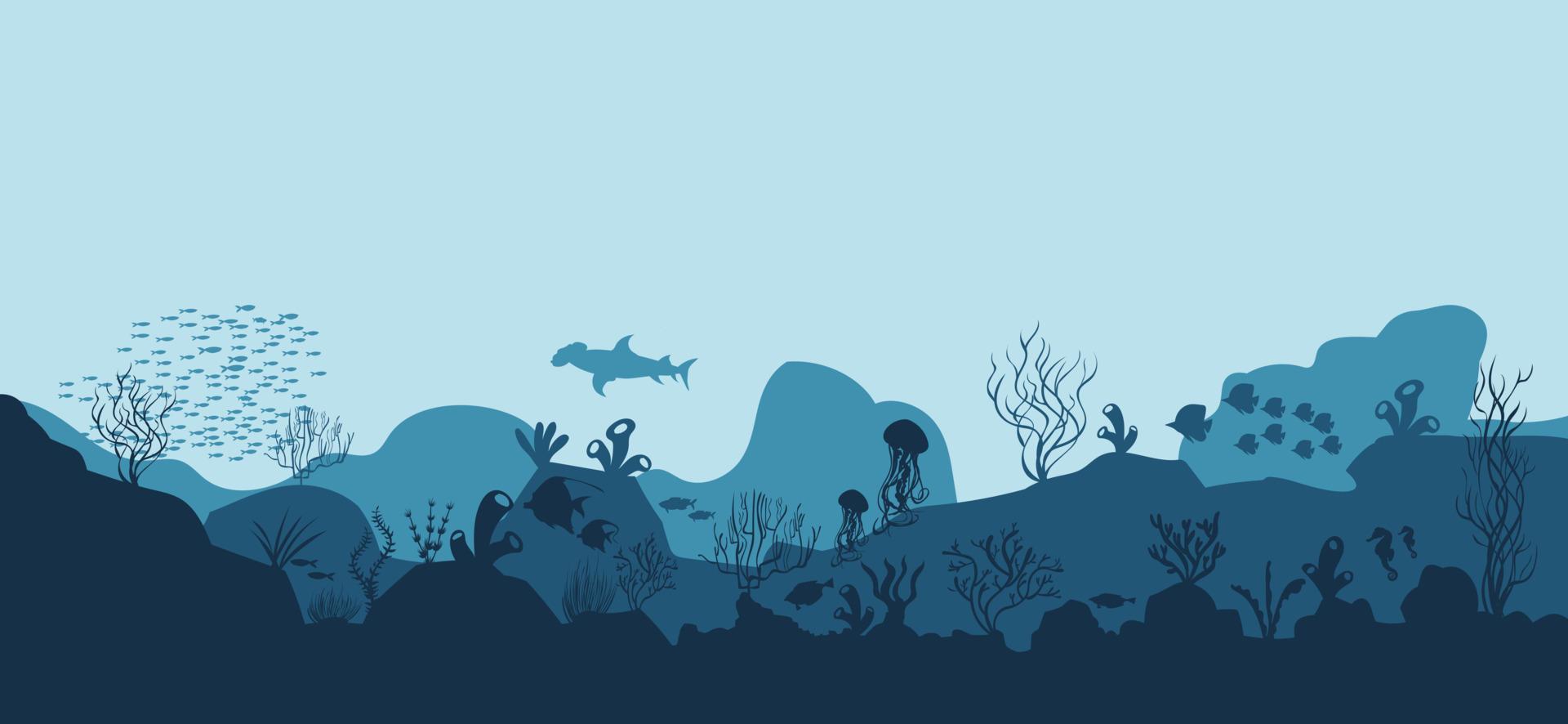 Underwater ocean background. Black silhouettes swimming sea fish with corals and vector plants.