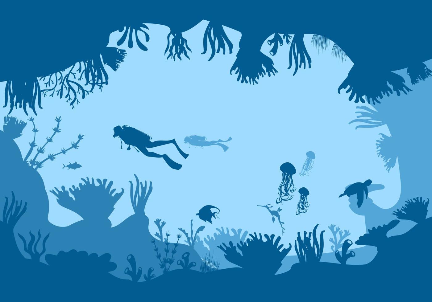 silueta de arrecife de coral con peces y buzos en el fondo azul del mar ilustración vectorial submarina vector