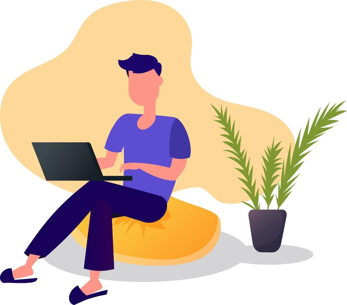 Young man is sitting with laptop on the sofa Working on a computer. Freelance vector