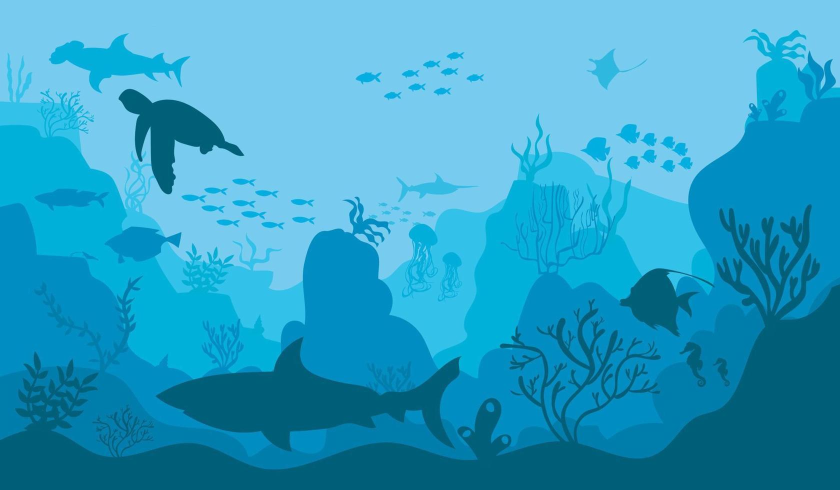 Underwater ocean background. Black silhouettes swimming sea fish with corals and vector plants.