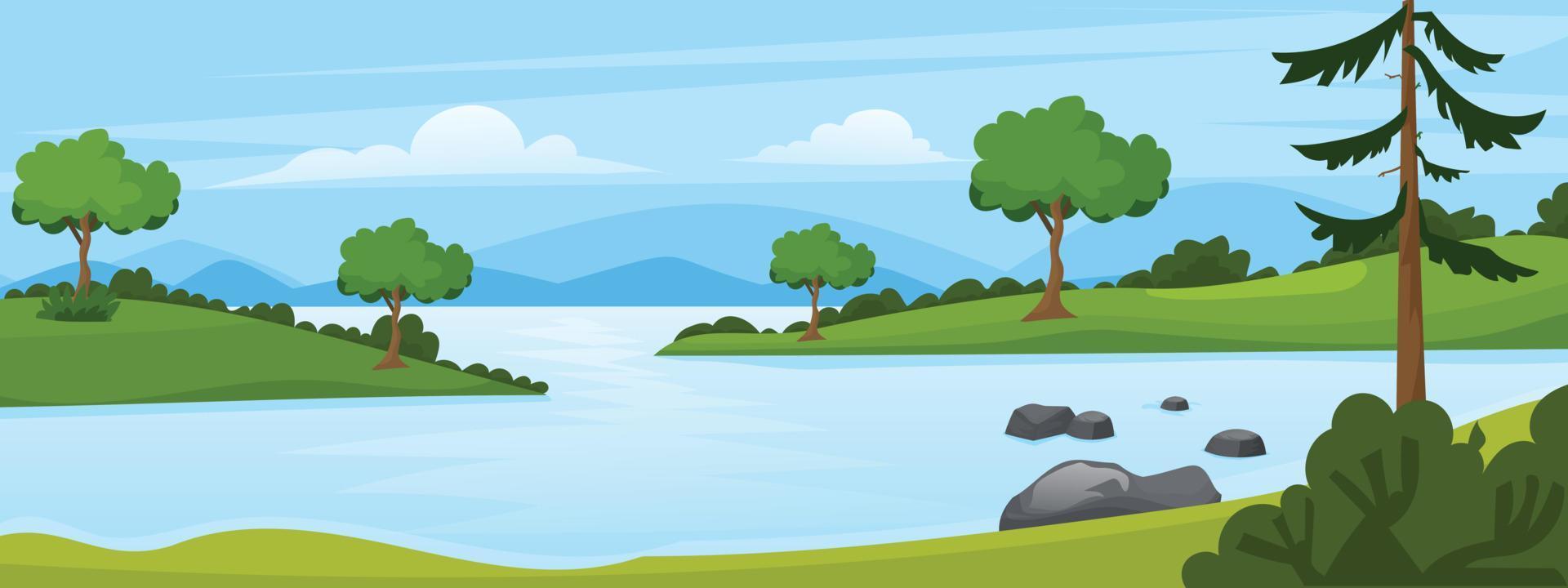 paisaje con río que fluye a través de colinas, pintoresco bosque verde y montañas. escena con ilustración de vector de río