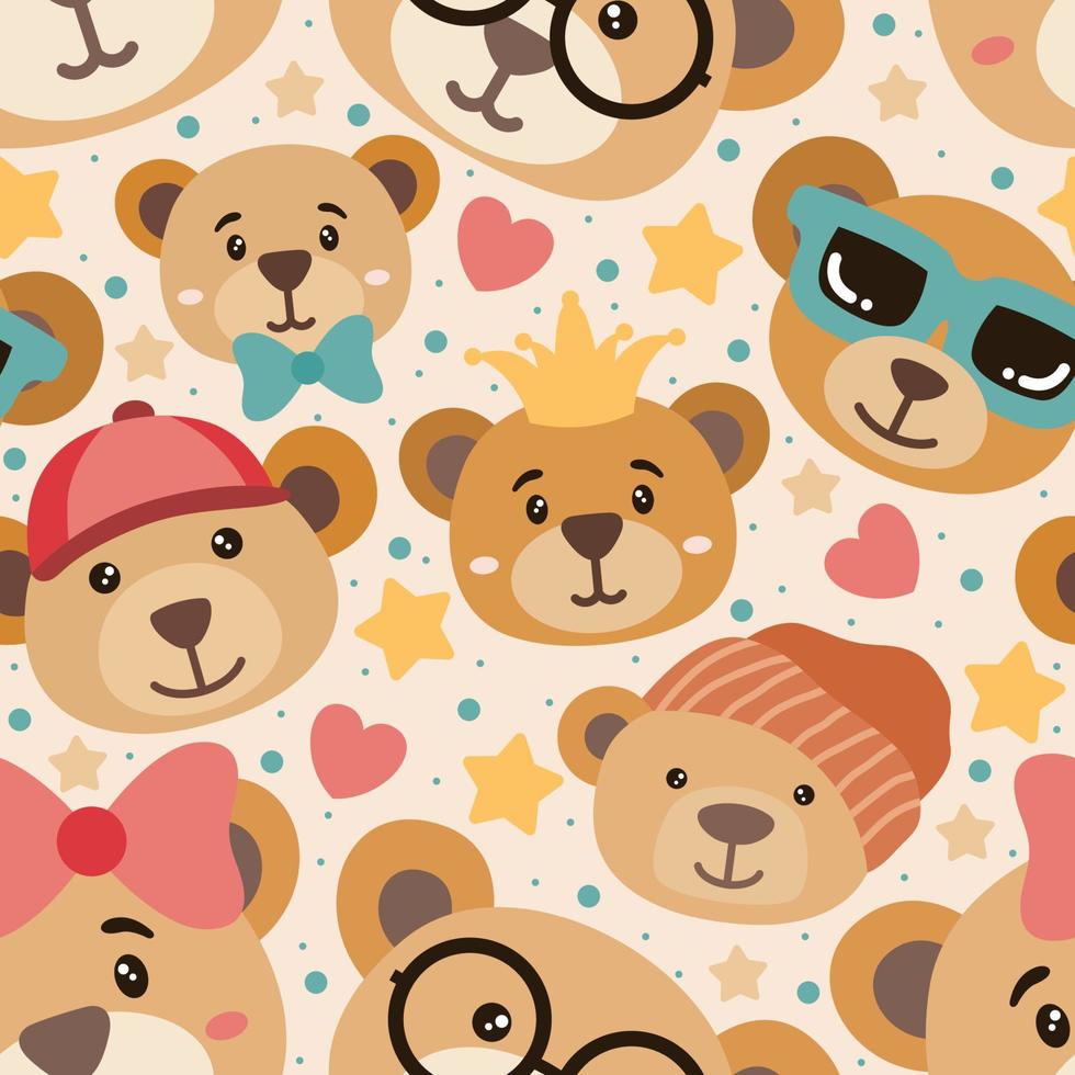 Cute Teddy Bear Head Character Doodle Hand Drawn Seamless Pattern vector