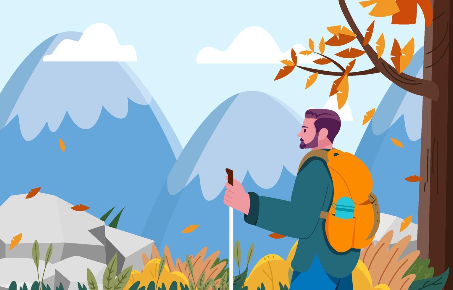 hombre senderismo explorar montaña en concepto de temporada de otoño vector