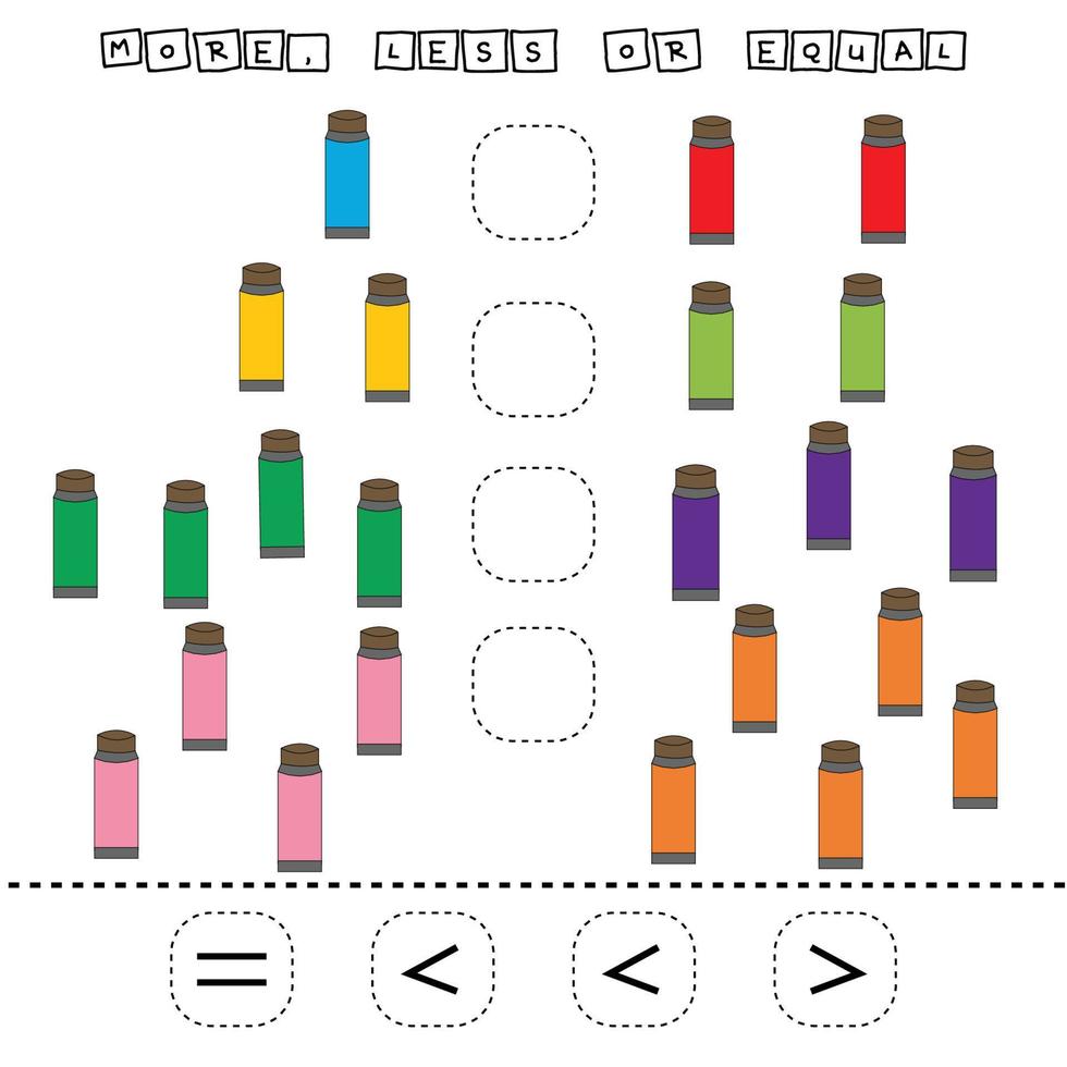 cuenta el número de tubos de pintura y compara. juego educativo de matemáticas para niños. vector