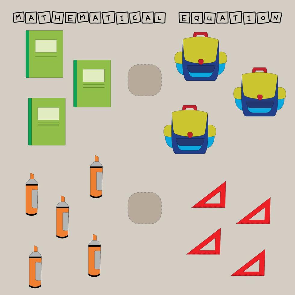 Developing activities for children, compare which more stationery school. Logic game for children, mathematical inequalities. vector