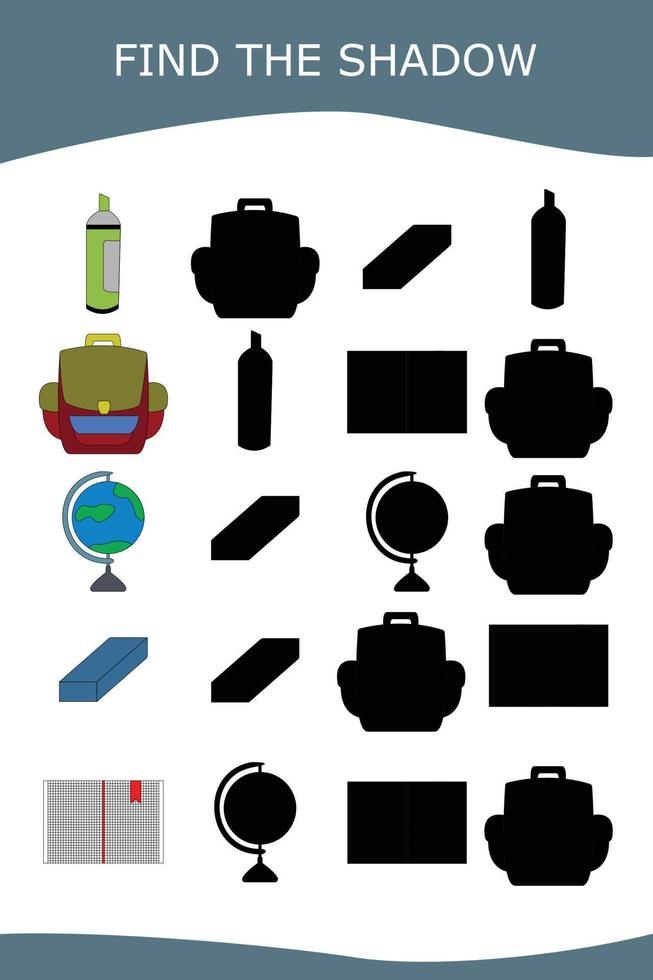 Find correct shadow with colorful stationery school.  Kids educational game. vector