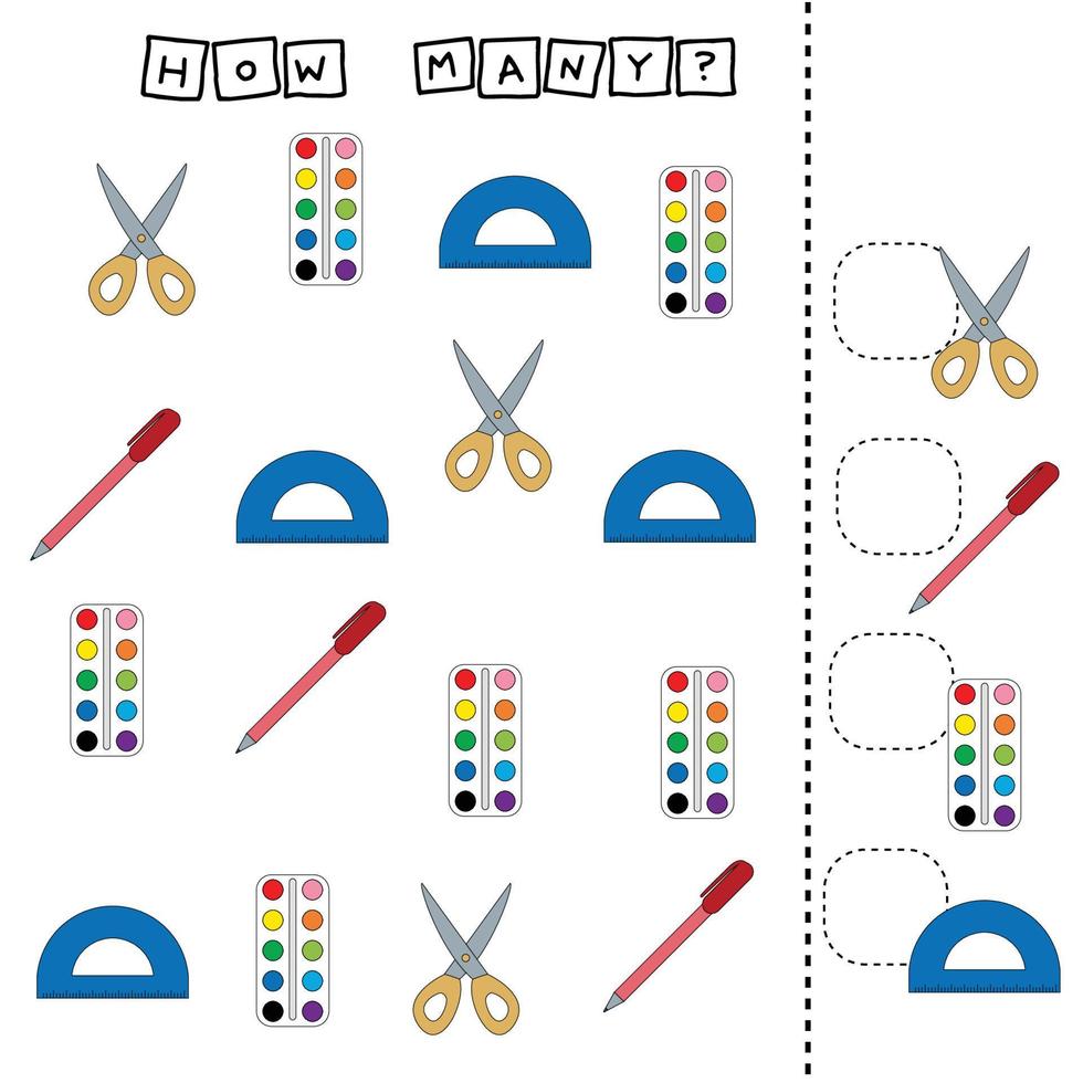 Educational game for children, kids. Game learning math with stationery school vector