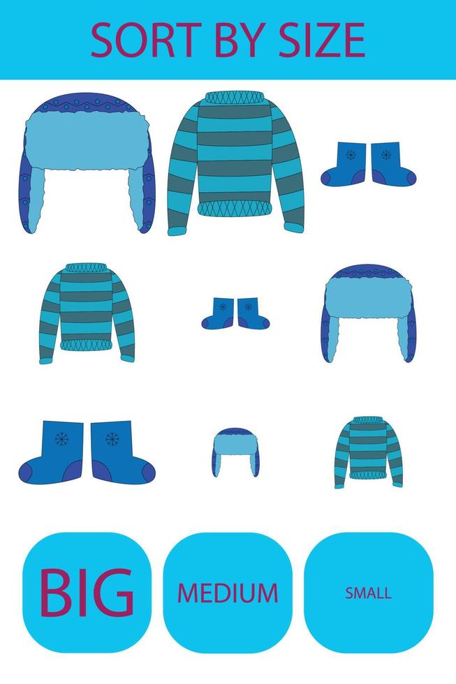 Match the clothes by size large, medium and small. Children's educational game. vector