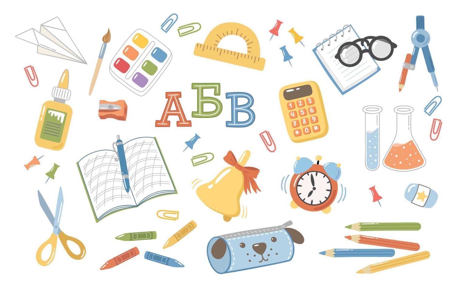 Set of vector school clipart. Hand-drawn cartoon illustrations on a white background. Pretty stationery collection. Lots of different items such as textbooks, pencils, paperclips etc