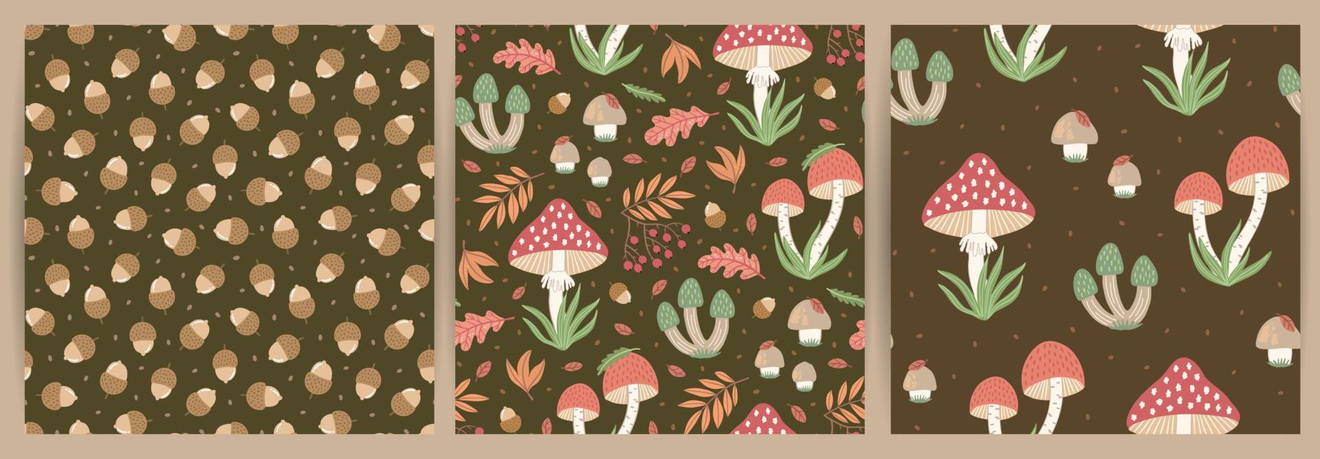 Seamless patterns with wild mushrooms and leaves. vector