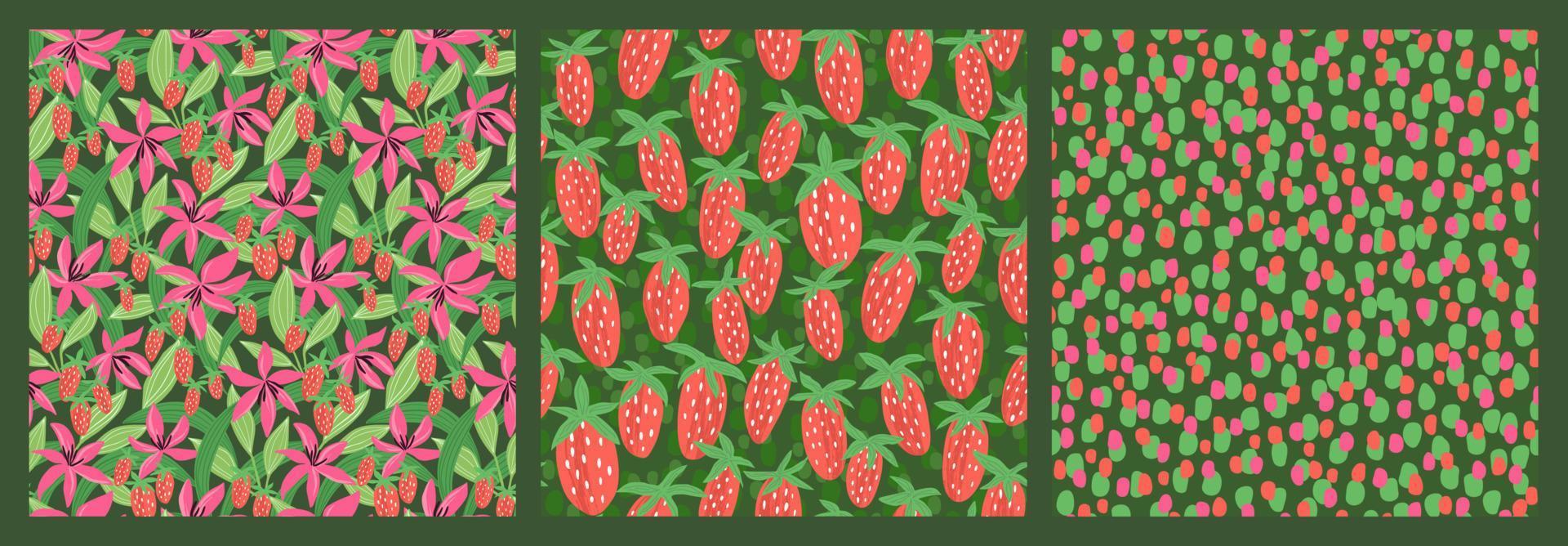 Set of patterns with flowers and strawberries vector