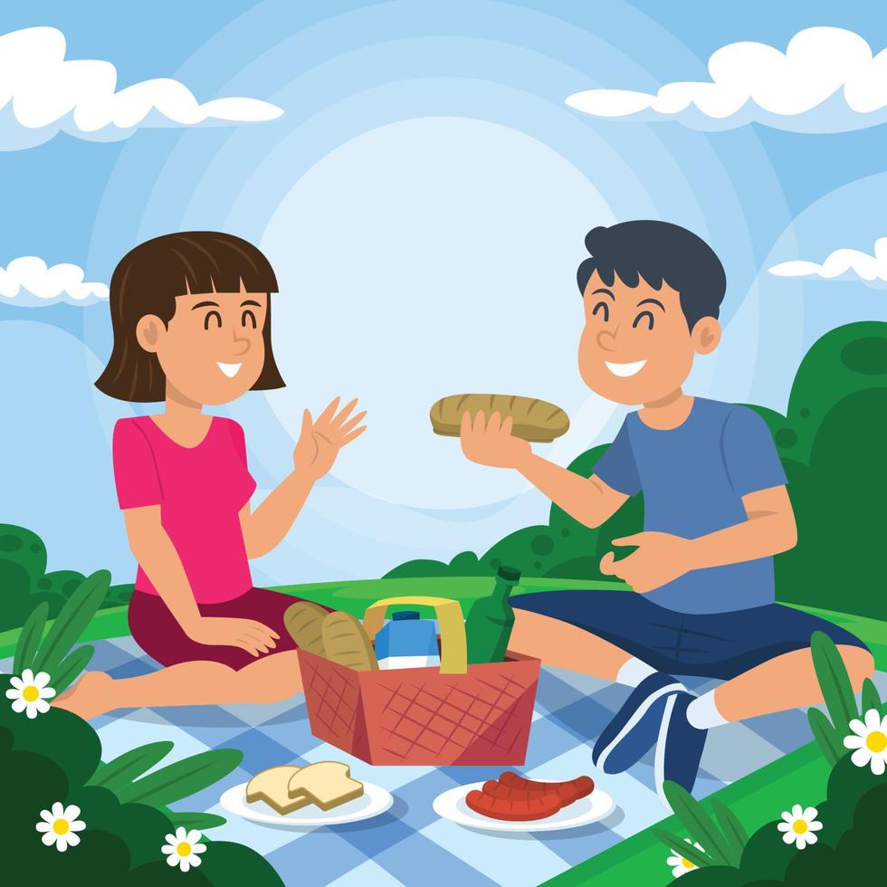 una pareja está pasando un buen rato haciendo un picnic al aire libre vector