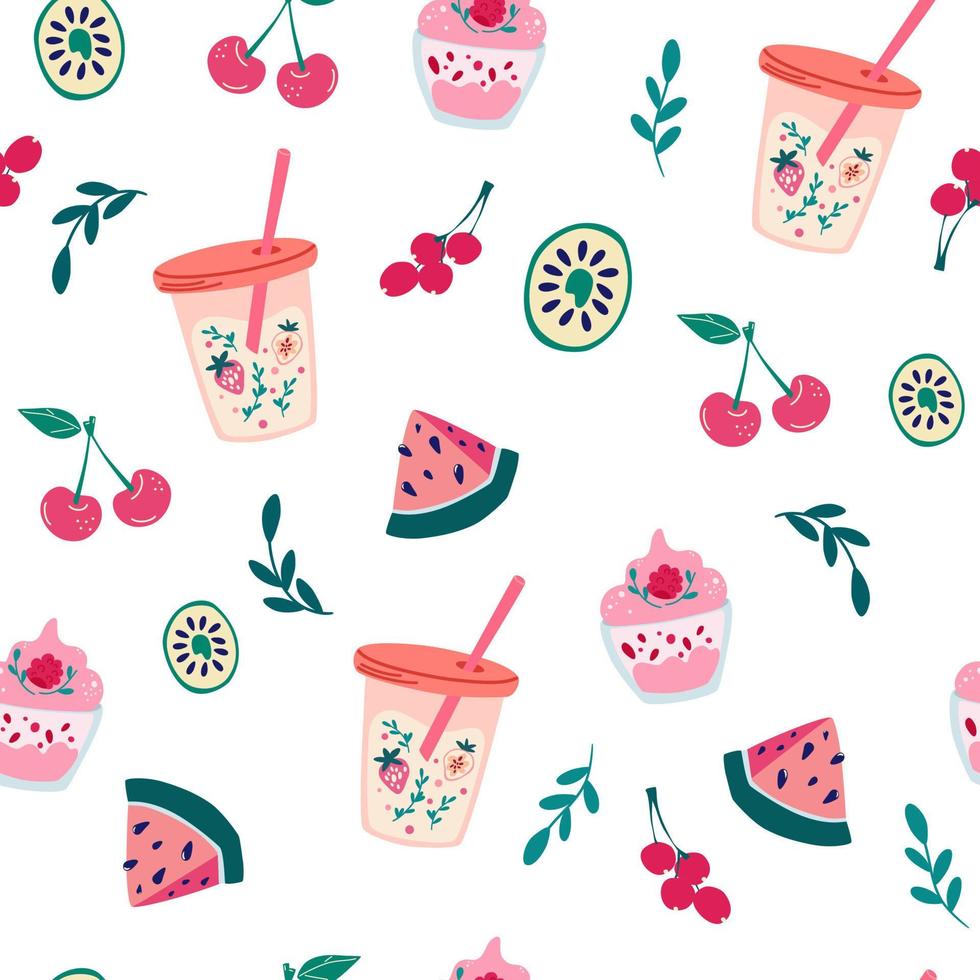 Summer food and drinks seamless pattern. Cold beverages. Soda water, sweet fizzy beverages, fruit cocktails, juices, lemonades in glass and bottles. Cold drinks. Vector illustrations