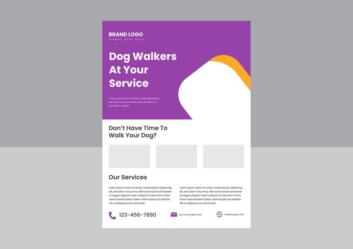 diseño de afiches del servicio de paseador de perros. paseadores de perros a su servicio diseño de volante. Folleto de póster del servicio profesional de paseo de perros. vector