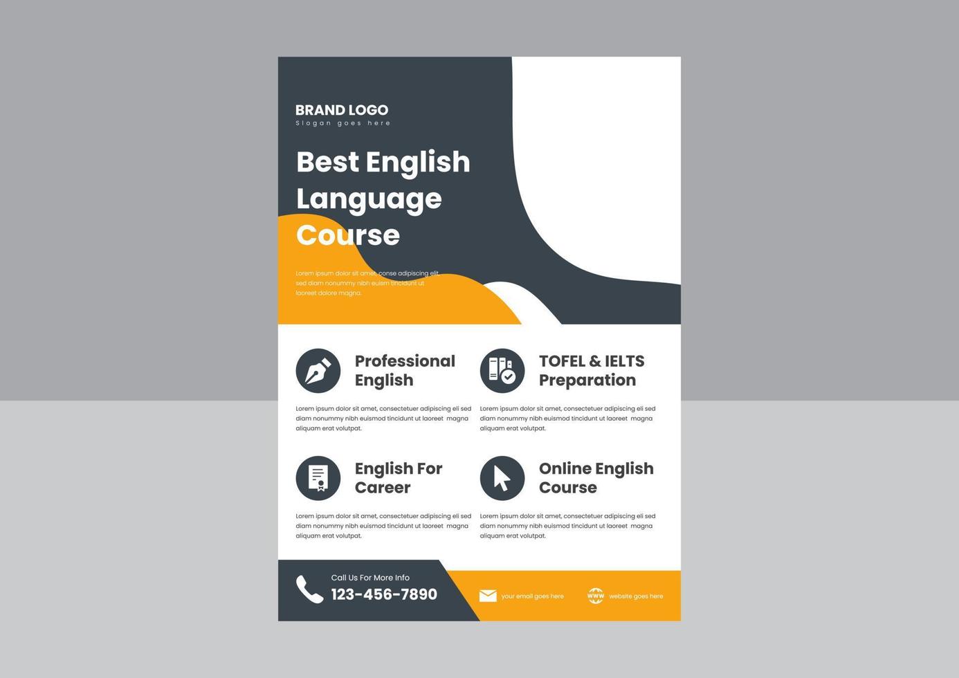 learn English online flyer design. English language course flyer design. best English language course poster flyer. vector