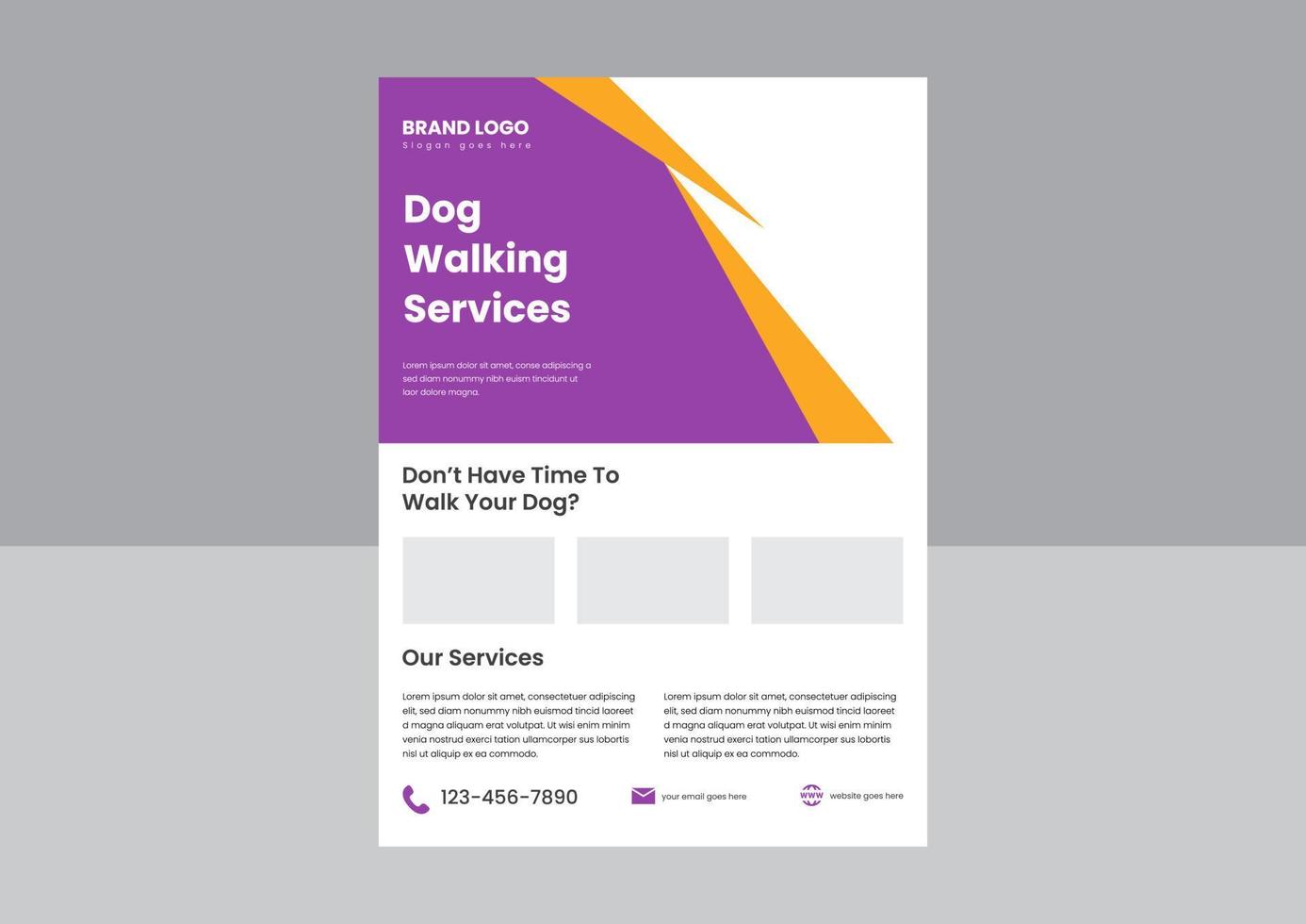 diseño de afiches del servicio de paseador de perros. paseadores de perros a su servicio diseño de volante. Folleto de póster del servicio profesional de paseo de perros. vector