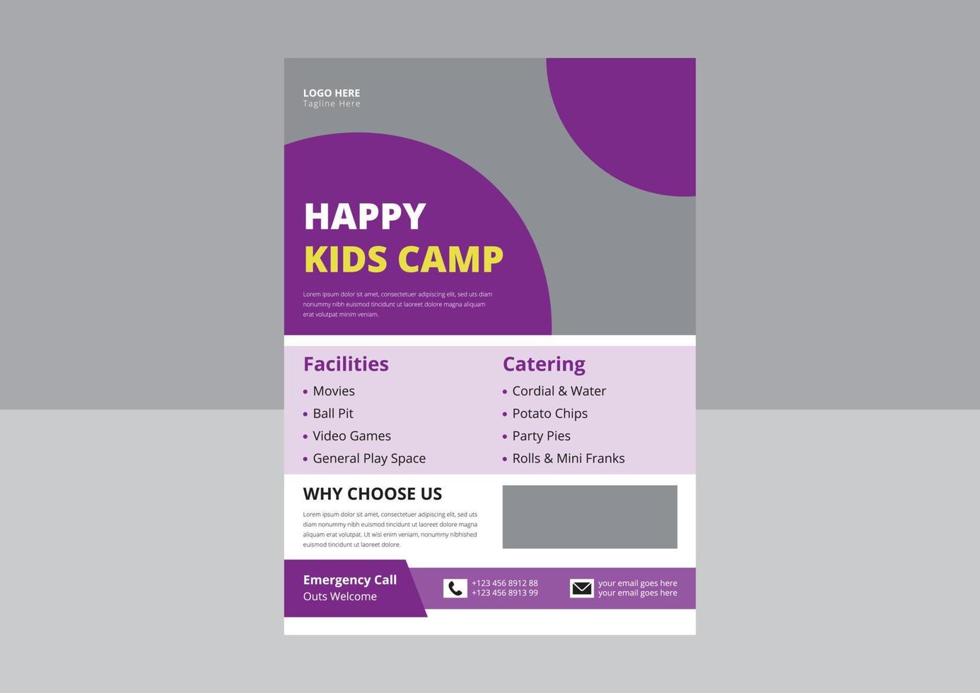 Happy Kids Camp flyer design. Summer Kids Camp flyer poster design. Cover, leaflet, flyer, template design. vector