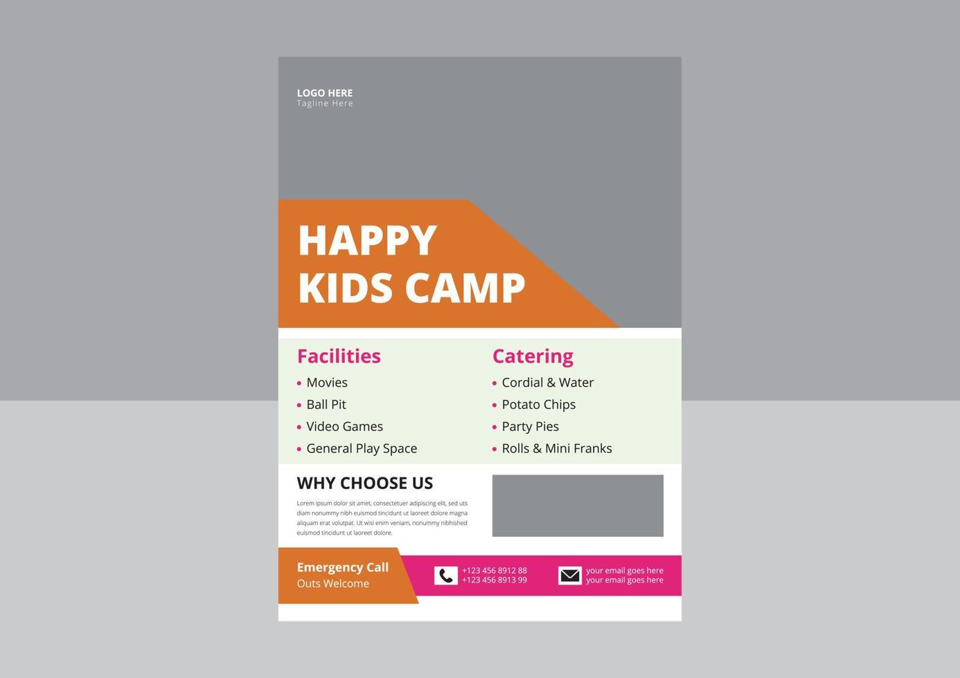 Happy Kids Camp flyer design. Summer Kids Camp flyer poster design. Cover, leaflet, flyer, template design. vector