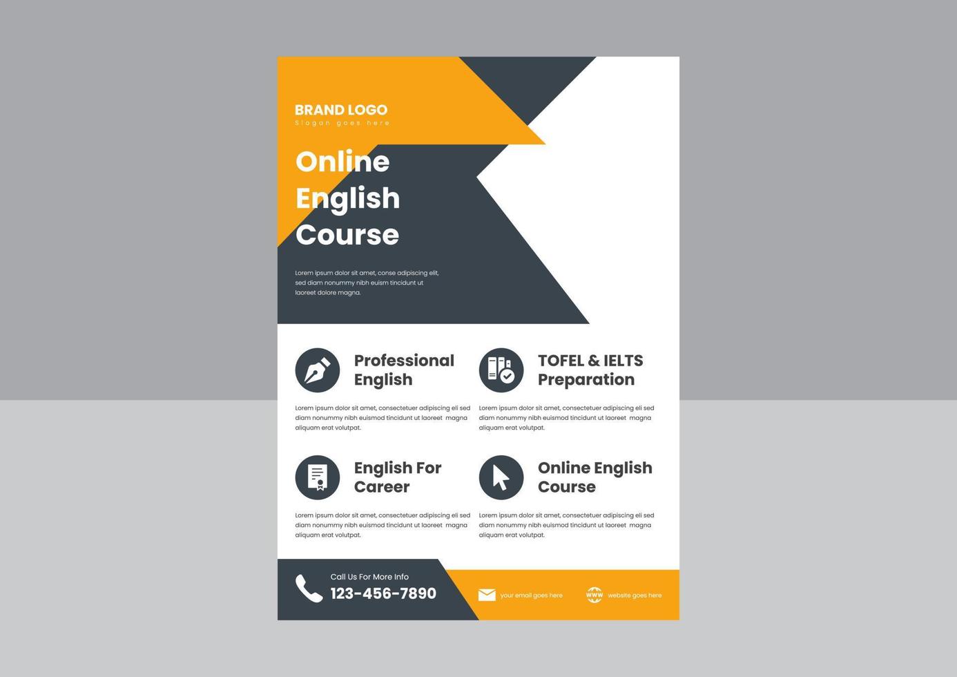 learn English online flyer design. English language course flyer design. best English language course poster flyer. vector