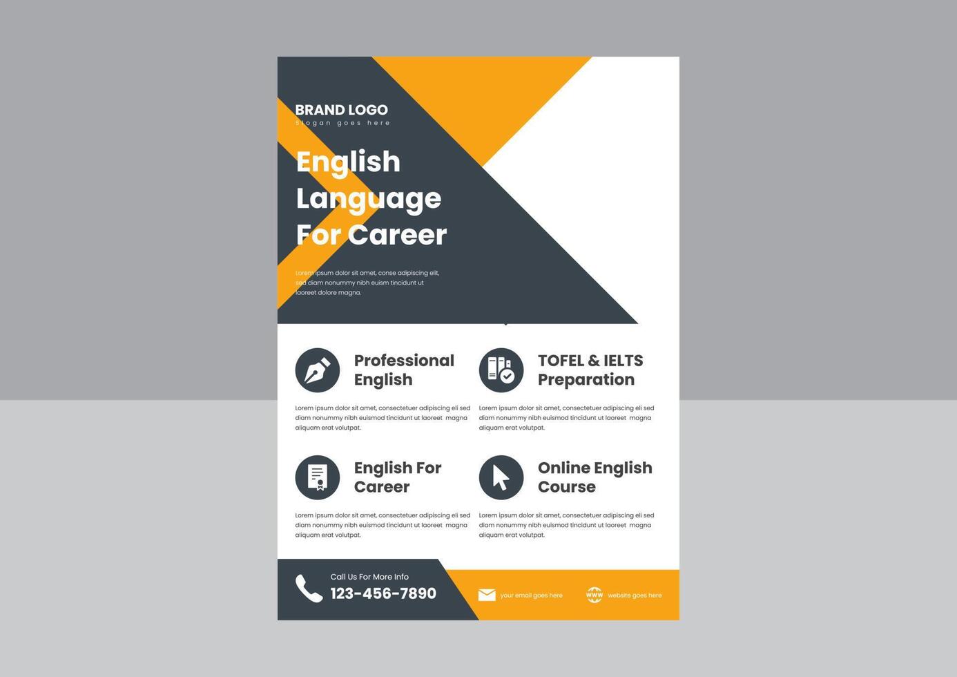 learn English online flyer design. English language course flyer design. best English language course poster flyer. vector