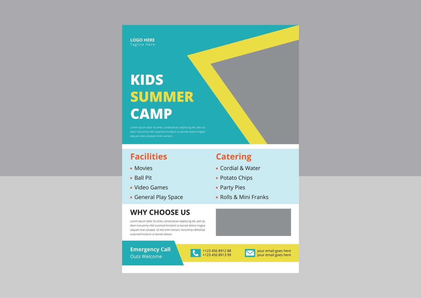 Happy Kids Camp flyer design. Summer Kids Camp flyer poster design. Cover, leaflet, flyer, template design. vector