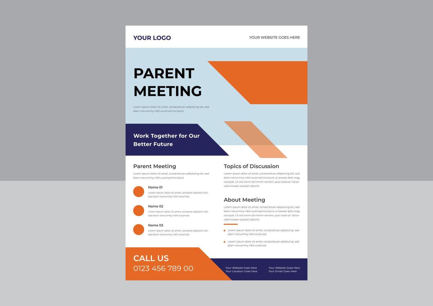 Parent meeting flyer template design, Parent support flyer template, support group for parent flyer, school meeting poster leaflet design template. a4 template. vector