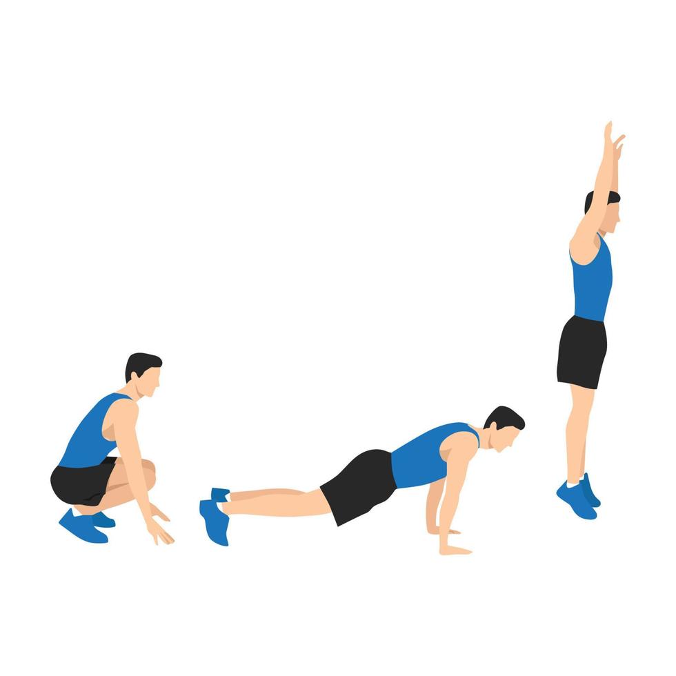 hombre haciendo la posición de burpee de empuje en cuclillas en el ejercicio de 3 pasos. ilustración vectorial plana aislada sobre fondo blanco vector