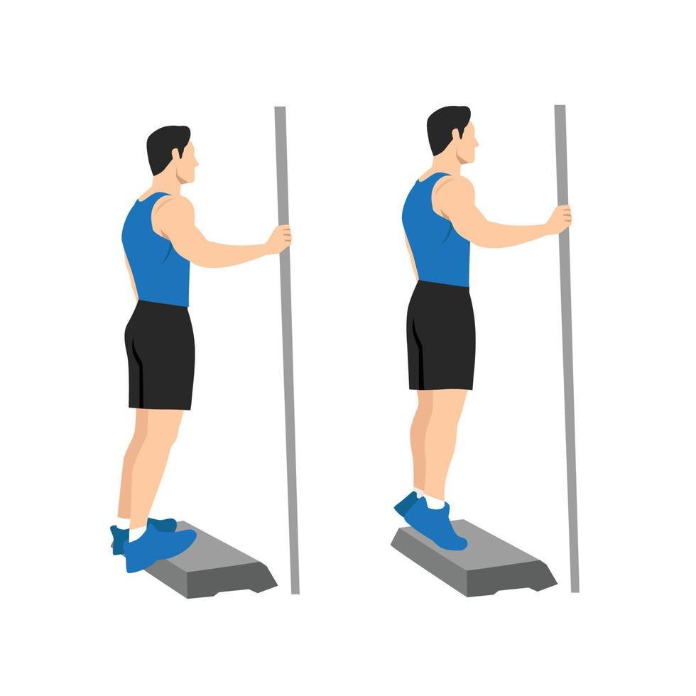Man doing stand on a step so heel can drop lower than the rest of foot at the bottom of the movement. with Calf raises posture. Flat vector illustration isolated on white background