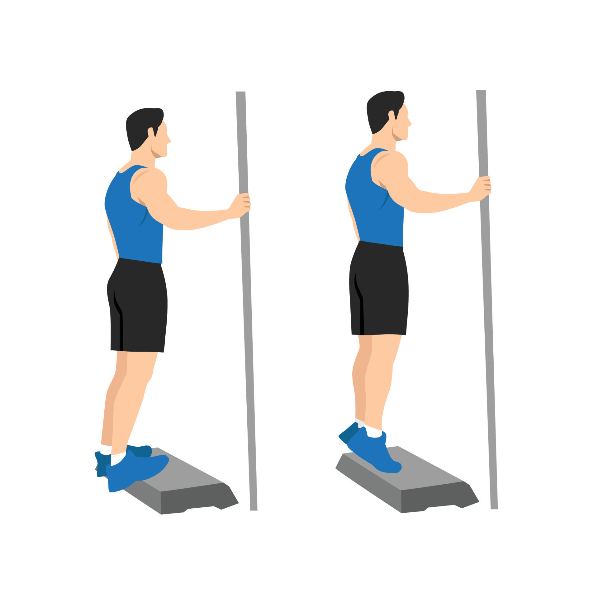Man doing stand on a step so heel can drop lower than the rest of foot