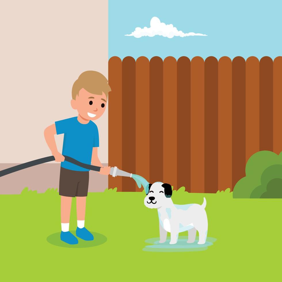 Cute little boy bathes the dog at the backyard flat vector illustration. Story art