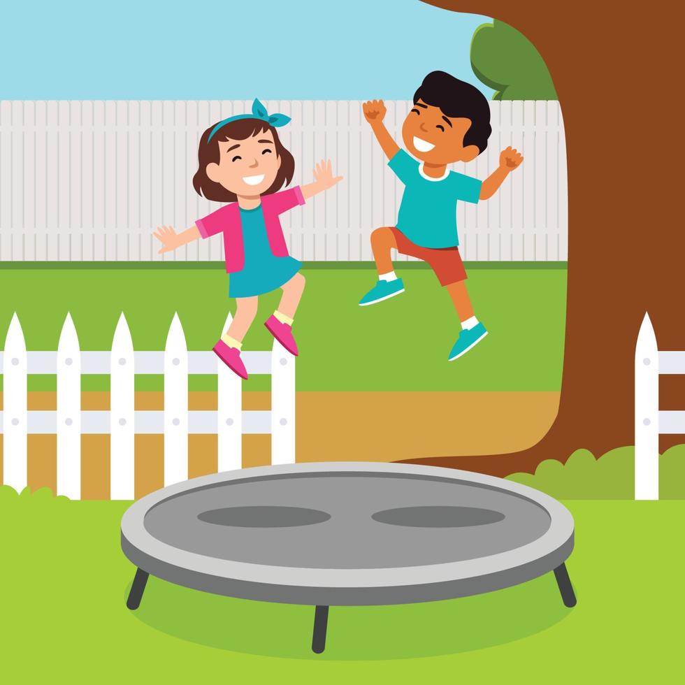 niño y niña jugando trampolín en el patio trasero conjunto de caracteres de ilustración plana saltando en trampolín vector