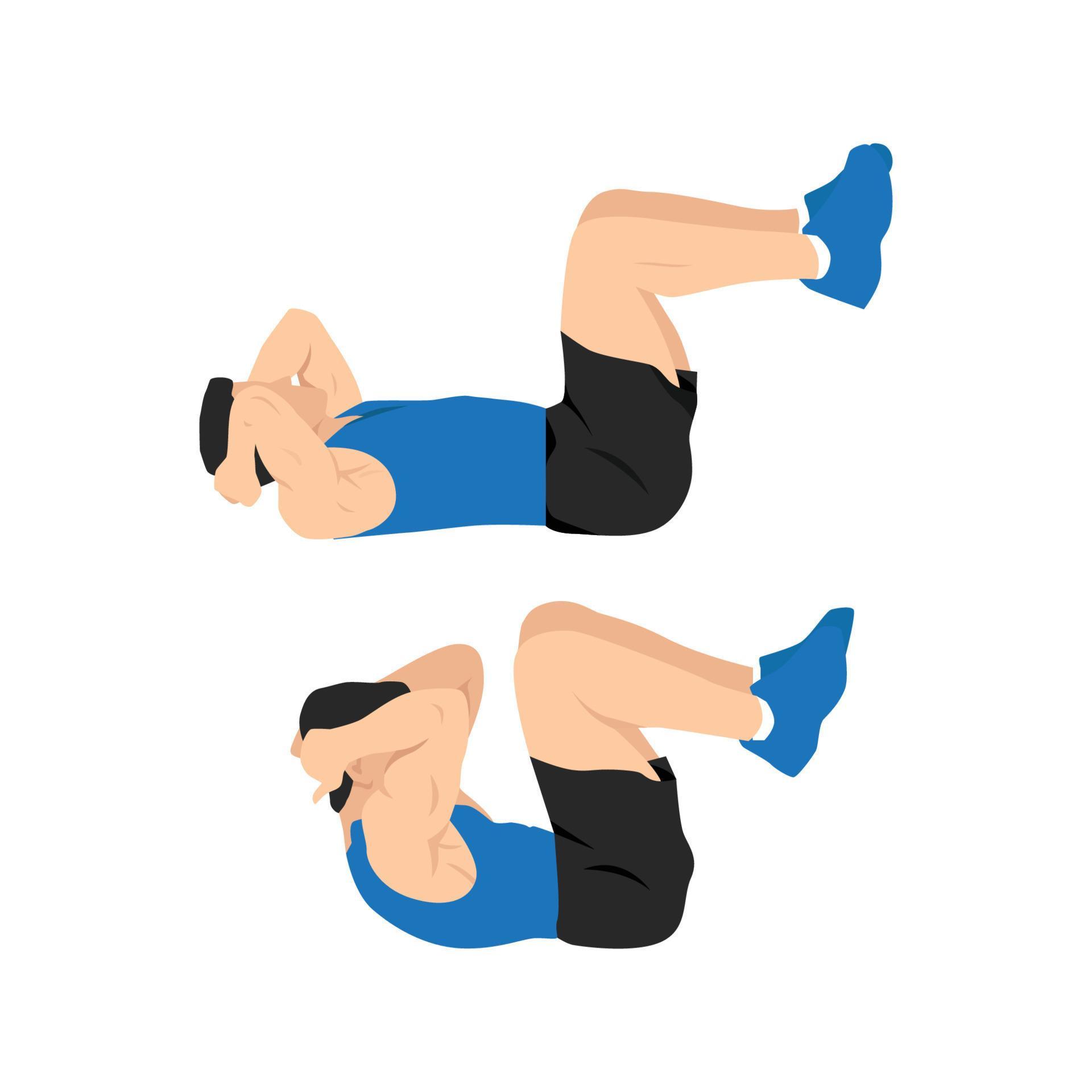 Man doing double crunches.Abdominals exercise. Flat vector illustration