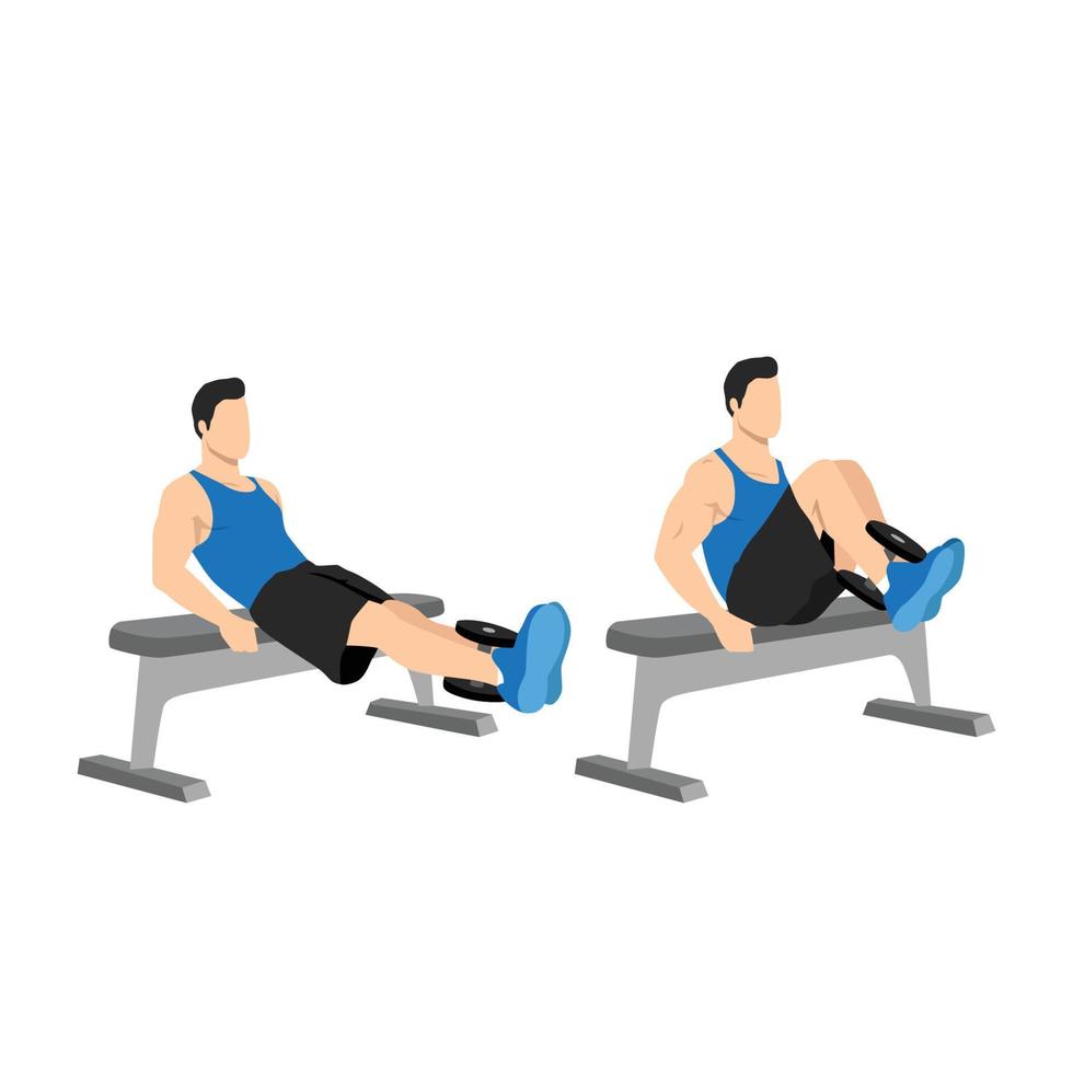 Man doing dumbbell weighted leg pull-ins. Abdominals exercise. Flat vector illustration isolated on white background.