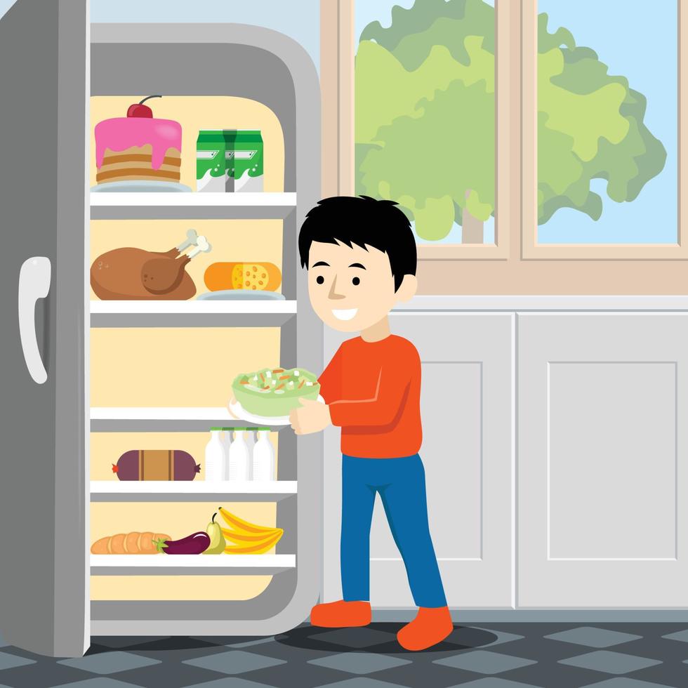 niño sosteniendo un plato de ensalada de col congelada frente a un refrigerador sobre fondo blanco vector
