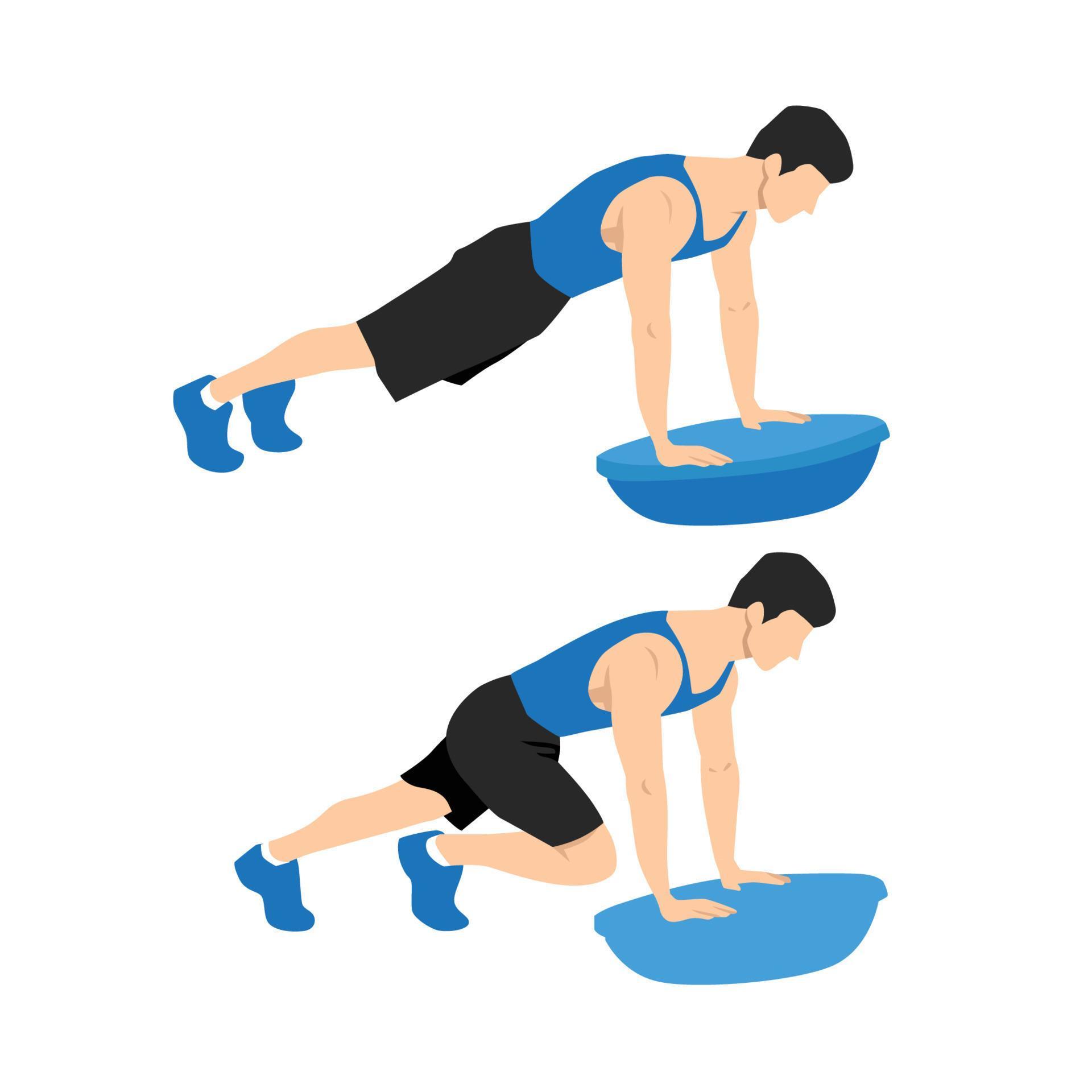 Man doing bosu ball mountain climber. Abdominals exercise. Flat vector