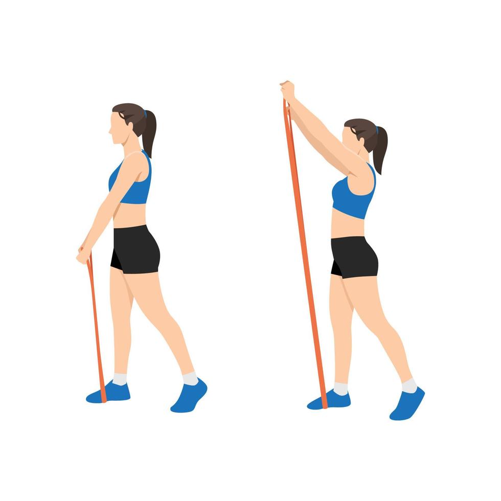 Woman doing Front raises with long resistance band exercise. Flat vector illustration isolated on white background
