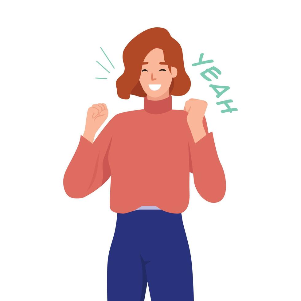 woman getting excited while screaming yeah and hands in the air. Flat vector illustration isolated on white background