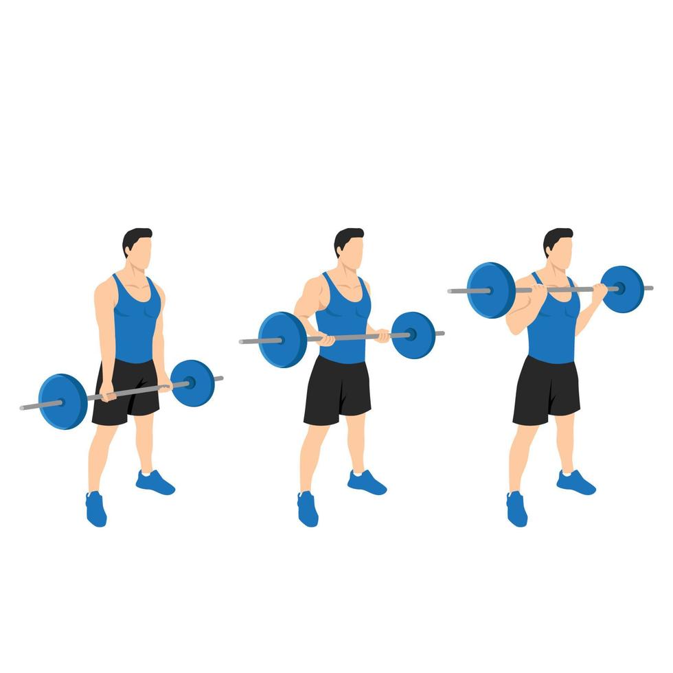 hombre haciendo ejercicio de rizos de bíceps de arrastre con barra. 21 ejercicios de biceps. 7 pasos. entrenamiento de brazos. ilustración vectorial plana de un hombre de fitness aislado en fondo blanco vector