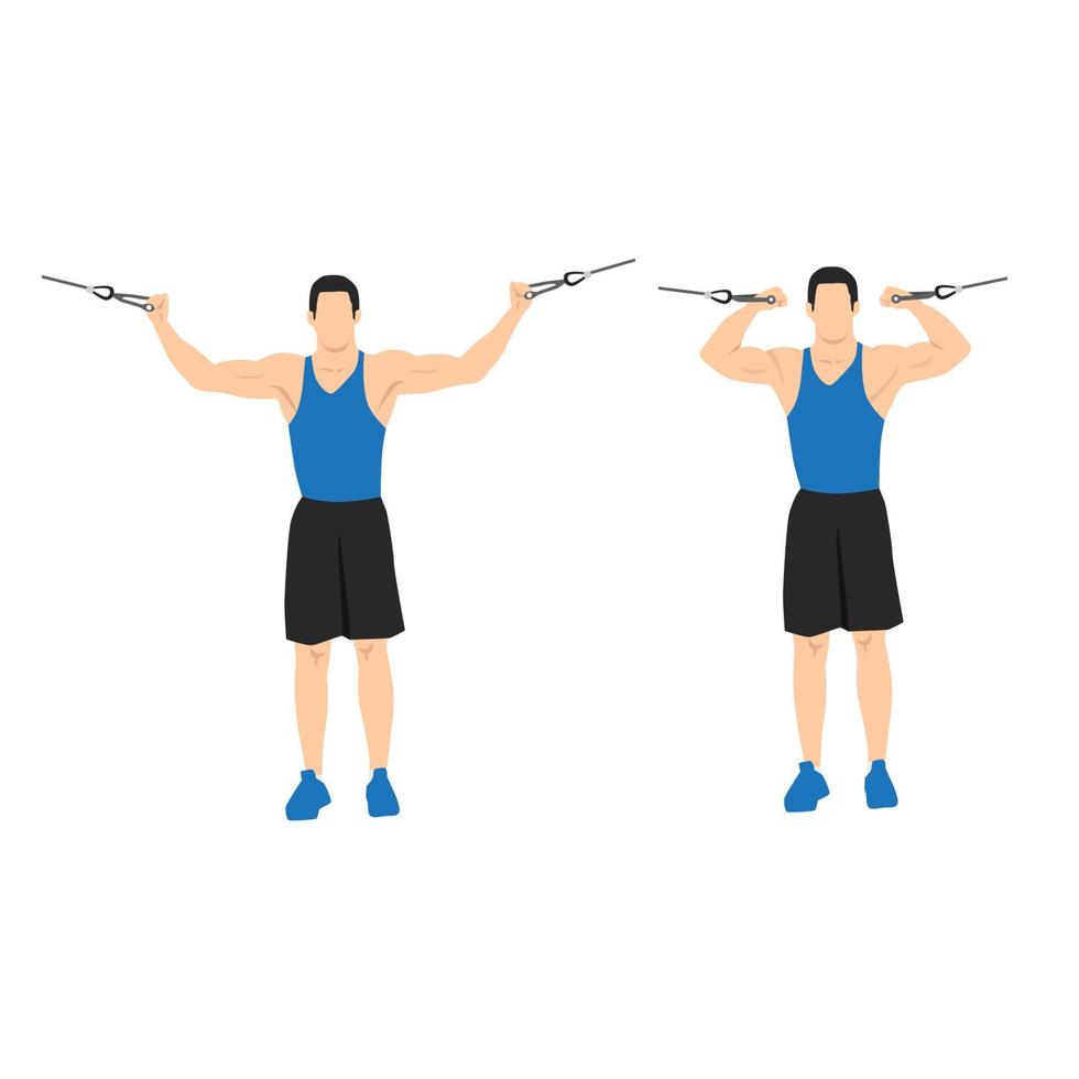 Man doing overhead cable curls. Crucifix curls. flat vector illustration isolated on different layers. Workout character